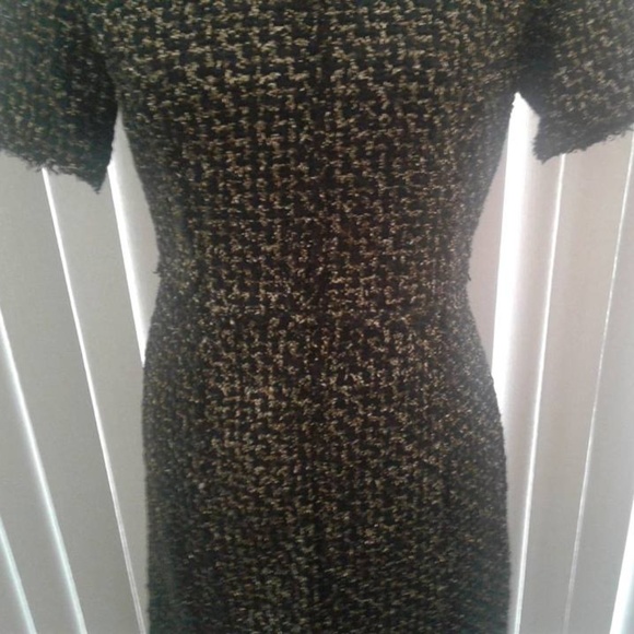 Metallic Tweed Raw-Edge Trim A-Line Dress, Blk&Gld - Picture 2 of 7